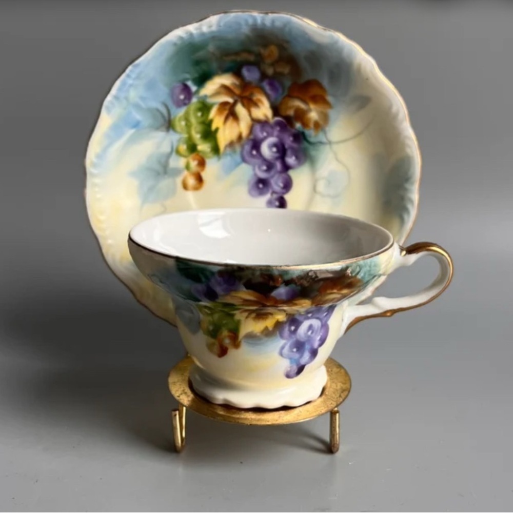 Tea Cup & Saucer Lefton China Hand Painted Grapes Festival with Pedestal Cup